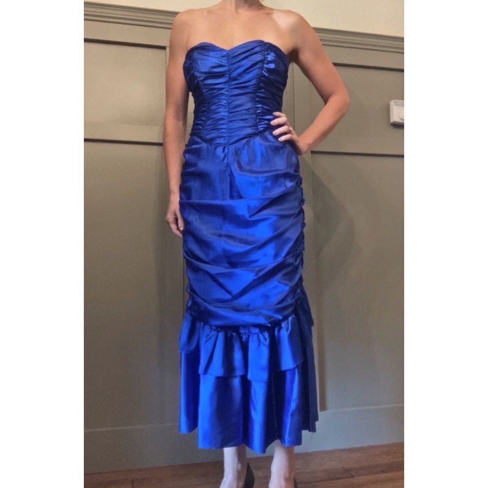 Vintage Gunne Sax By Jessica Mcclintock Royal Blue Satin Ruched Mermaid Dress